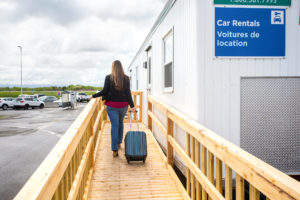 Exterior shot of temporary car rentals location at the Fredericton International Airport