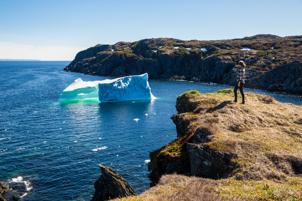 Woman looking at iceberg off the coast of Newfoundland