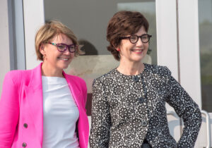 Johanne Gallant, President and CEO of the Fredericton International Airport, and Merren McArthur, President and CEO of Lynx Air, watch the arrival of Lynx’s first flight.