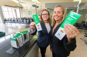 Kate O'Rourke, FIAA Communications Officer, and Julia Stewart, Library Director, Fredericton Public Library, launch the YFC Flybrary
