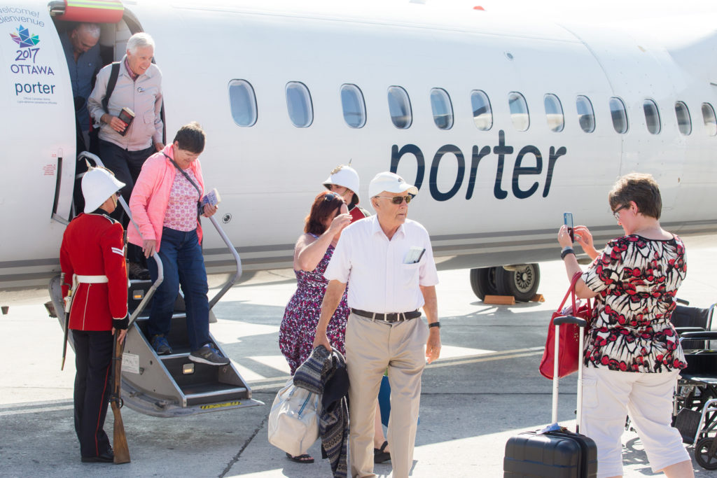 Passengers arrive on the inaugural Porter flight to YFC on September 12, 2017.